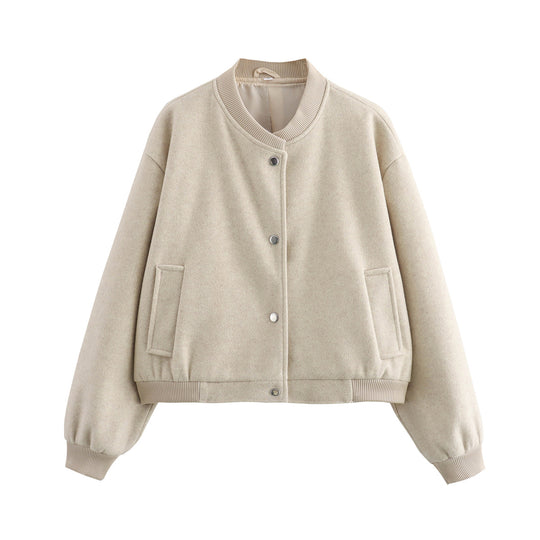 Damen Oversize-Bomberjacke aus Wollmix mit Druckknopfverschluss und geripptem Saum Nord Taschen