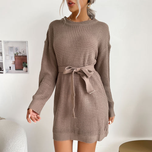 Damen Waffelstrick-Minikleid mit Tunnelzug-Taillengürtel und geripptem Saum Nord Taschen