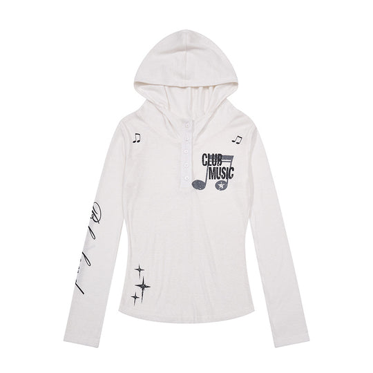 Damen Leichtes Langarm-Hoodie-Henleyshirt mit Knopfleiste, Kapuze und Music-Print Nord Taschen