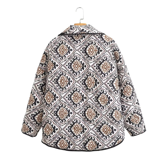Damen Gepolsterte Kimono-Steppjacke mit Ethno-Print und Kontrastpaspeln Nord Taschen