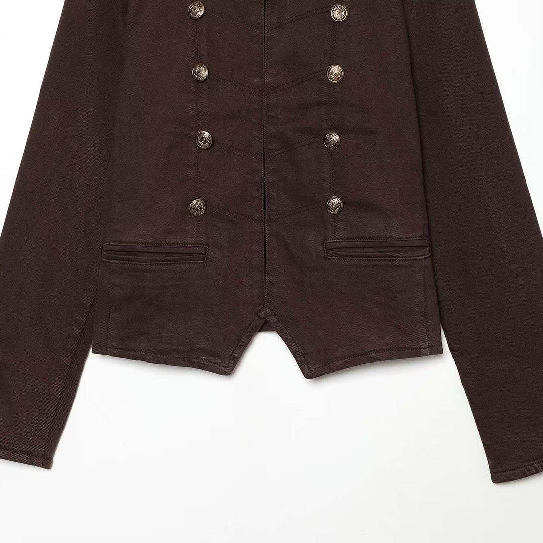 Damen Kurze militärische Jacke im Double-Breasted-Stil mit Stehkragen und Epauletten Nord Taschen