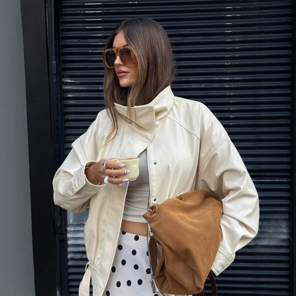 Damen Oversize-Lederimitatjacke mit Stehkragen und Tunnelzug Nord Taschen