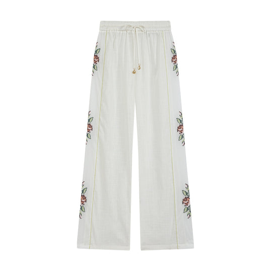 Damen Weite Leinen‑Optik Hose mit Tunnelzugbund und seitlicher Blumenstickerei Nord Taschen