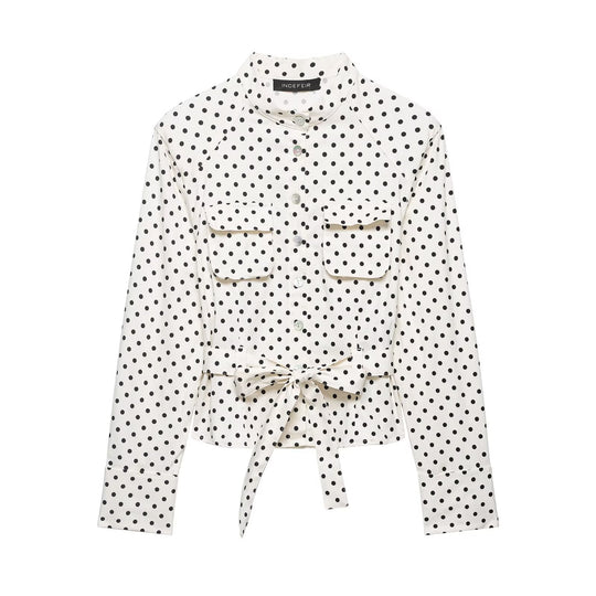 Damen Taillierte Blusenjacke mit Stehkragen, Bindegürtel und Punkteprint Nord Taschen