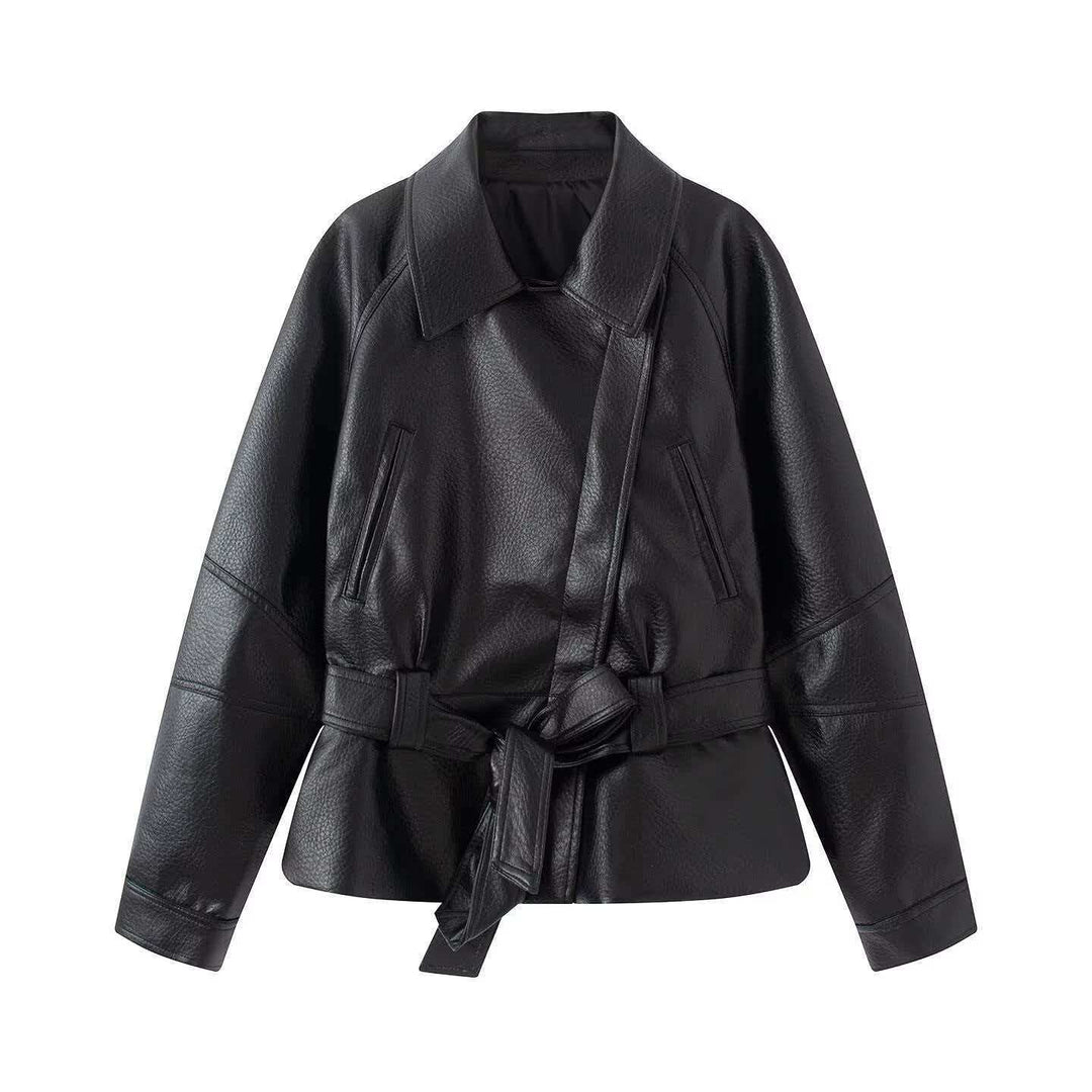 Damen Kurzjacke aus Kunstleder mit Taillengürtel und Hemdkragen Nord Taschen