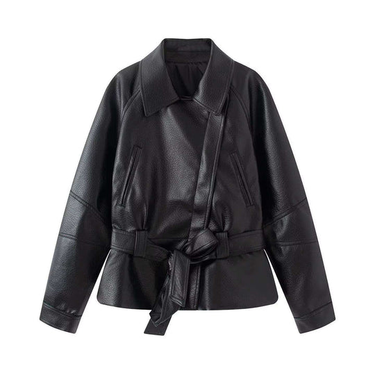 Damen Kurzjacke aus Kunstleder mit Taillengürtel und Hemdkragen Nord Taschen