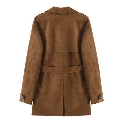 Damen Kurz-Trenchcoat aus Kunstwildleder mit Taillengürtel und doppelter Knopfleiste Nord Taschen