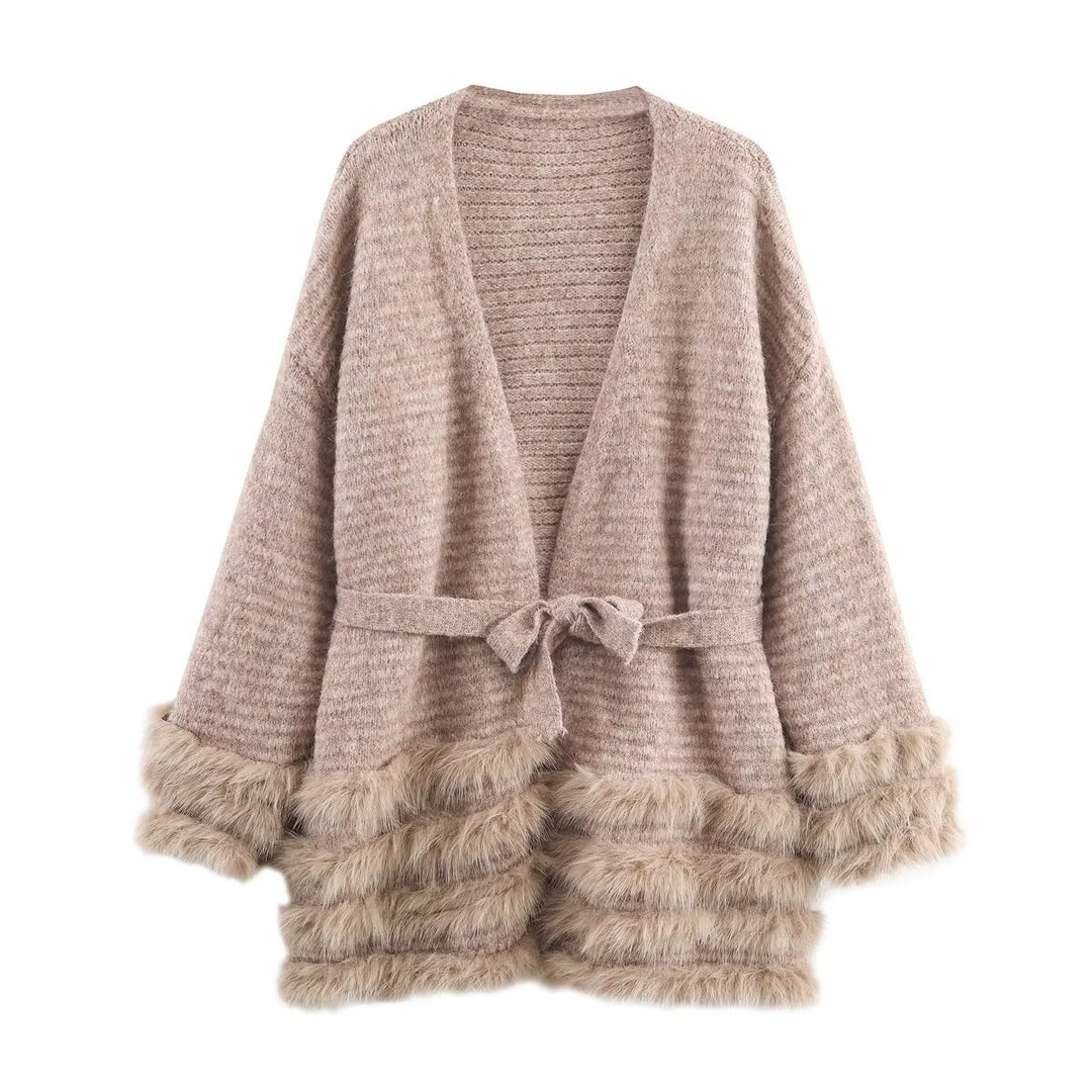 Damen Strick-Cardigan mit Bindegürtel und Faux-Fur-Besatz Nord Taschen