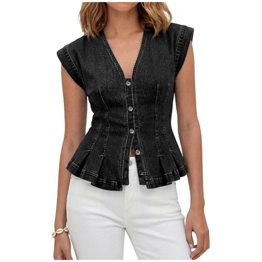 Damen Tailliertes Jeans-Top mit Schößchen und Knopfleiste Nord Taschen