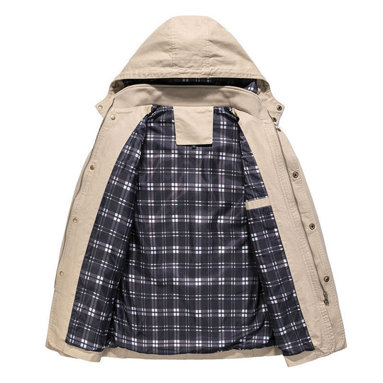 Herren leichter Kapuzen-Parka aus Canvas mit kariertem Innenfutter und Multifunktions‑Taschen Nord Taschen