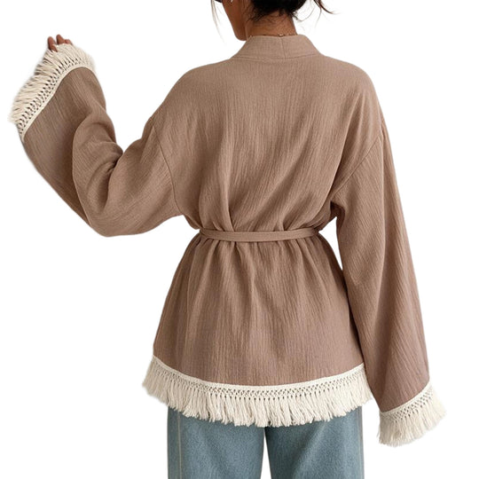 Damen Fransen-Kimono-Jacke aus Leinenoptik mit Taillengürtel Nord Taschen