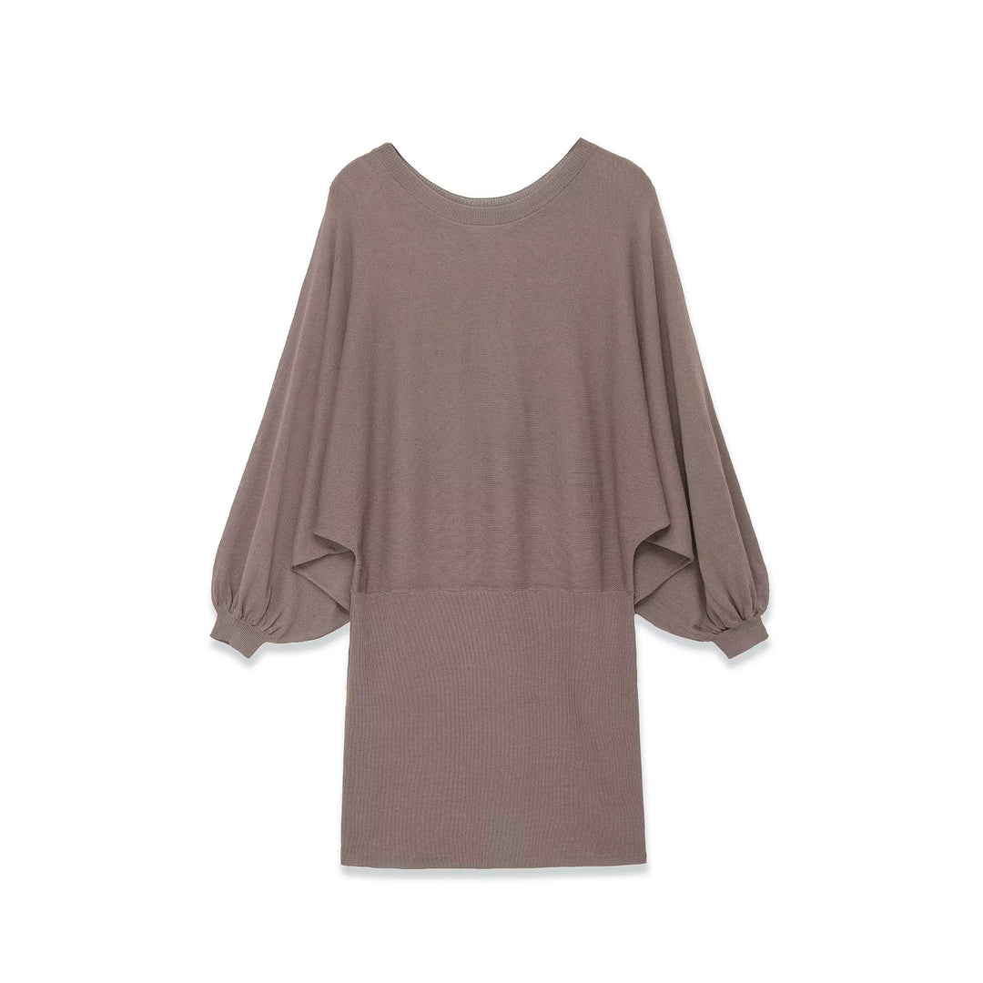 Damen Strickkleid mit überschnittenem Fledermaus-Poncho und Ballonärmeln Nord Taschen