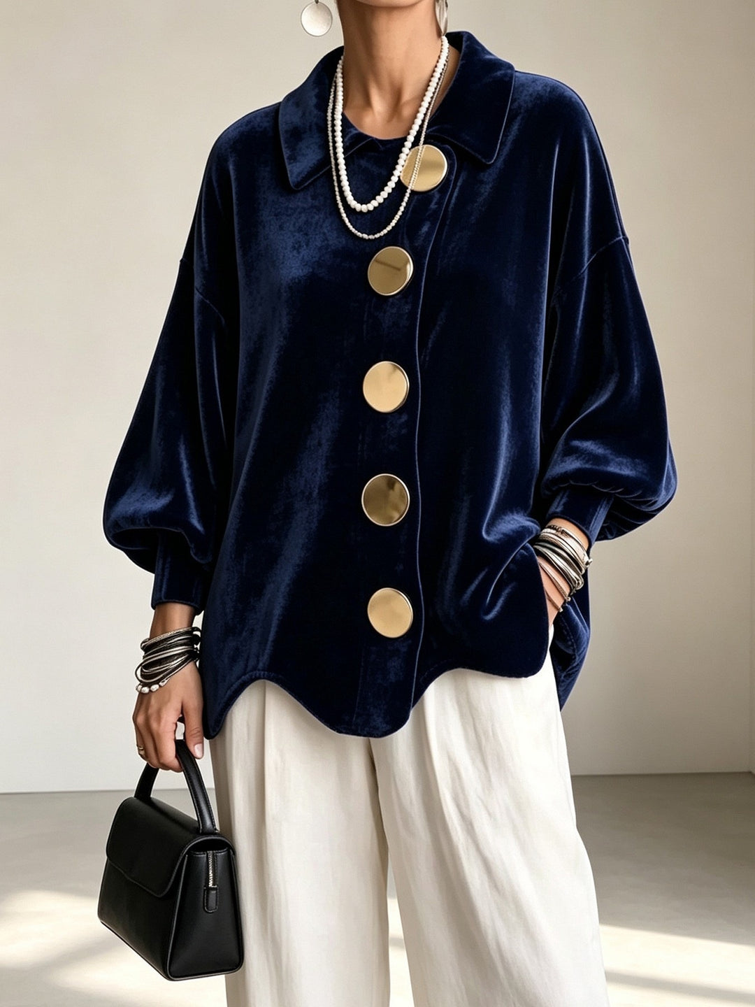 Damen Oversized Samtjacke mit großen Zierknöpfen und Balloon-Ärmeln Nord Taschen