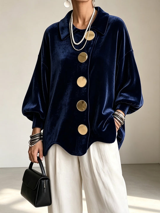 Damen Oversized Samtjacke mit großen Zierknöpfen und Balloon-Ärmeln Nord Taschen