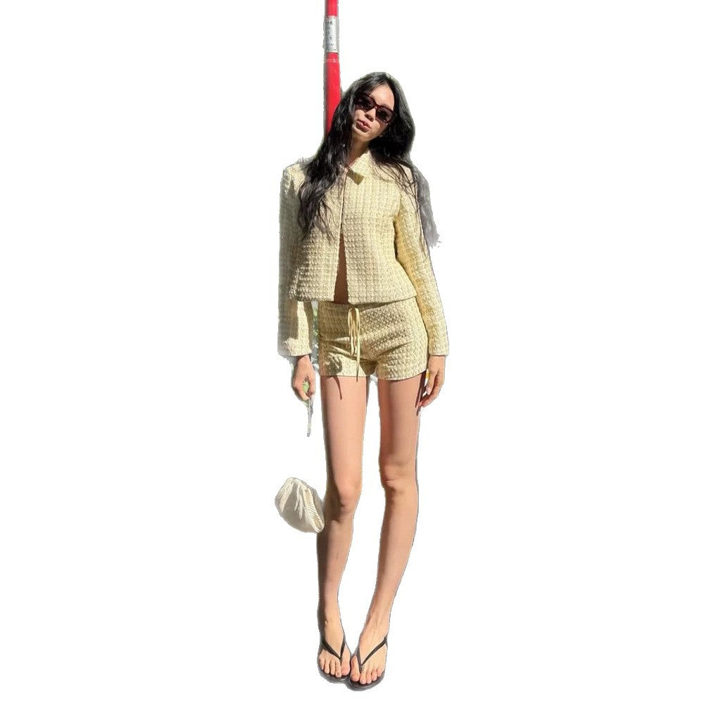 Damen Zweiteiliges Bouclé-Set mit Kurzjacke und Kordelbund-Shorts Nord Taschen