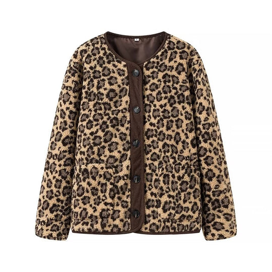 Damen Teddyjacke mit Leopardenprint, Cordbesatz und Knopfverschluss Nord Taschen