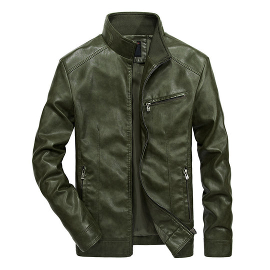 Herren Slim-Fit Kunstleder-Motojacke mit Stehkragen, Reißverschluss-Taschen und verstärkter Nahtführung Nord Taschen