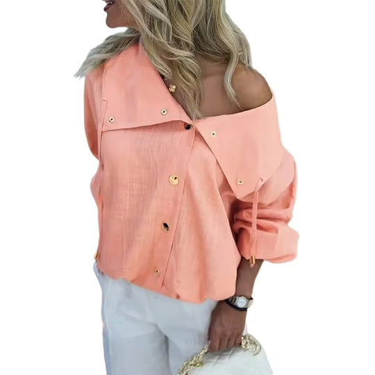 Damen Oversize Off-Shoulder Leinenbluse mit asymmetrischem Kragen und Zierknopfleiste Nord Taschen