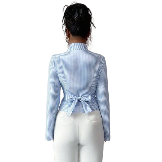 Damen Gestreifte Wickelbluse mit Schalkragen und taillierter Silhouette Nord Taschen