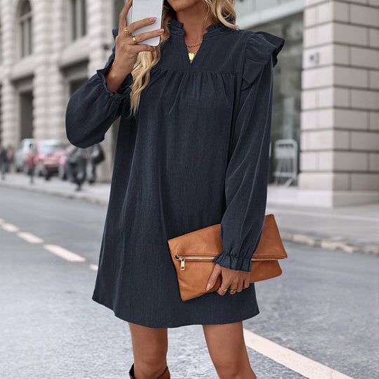 Damen Volant-Hemdkleid mit geraffter Passe, Stehkragen und elastischen Manschetten Nord Taschen