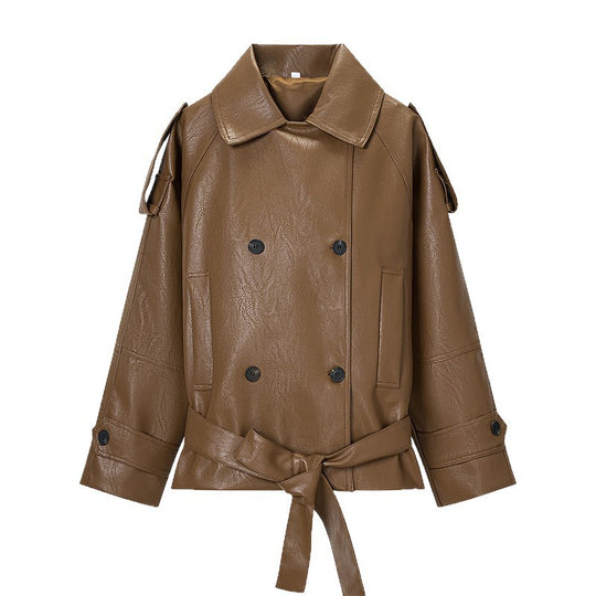 Damen Cropped Kunstleder-Trenchjacke mit Taillengürtel, Doppelreiher und Schulterklappen Nord Taschen