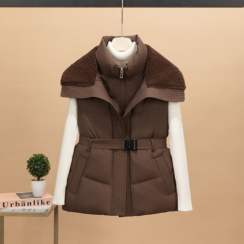 Damen nan wattierte Steppweste mit Strickärmeln und Teddykragen tailliertem Gürtel Nord Taschen