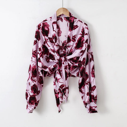 Damen nan florale Knoten-Bluse im Wickelstil mit Ballonärmeln und leichter Leinenoptik