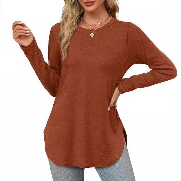 Damen Lässiges Longsleeve-Tunikaoberteil mit Rundhalsausschnitt, Seitenschlitzen und Aquarell-Blattprint Nord Taschen