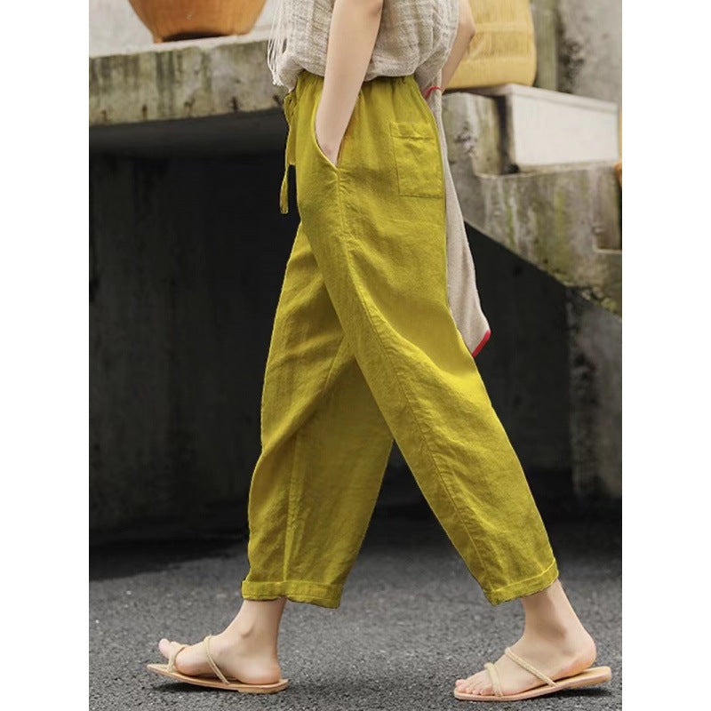 Damen lässige Leinenhose mit elastischem Bund und seitlichen Taschen Nord Taschen