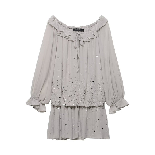 Damen Fließendes Chiffon-Minikleid mit Carmen-Ausschnitt, Volants und Pailletten Nord Taschen