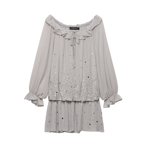 Damen Fließendes Chiffon-Minikleid mit Carmen-Ausschnitt, Volants und Pailletten Nord Taschen