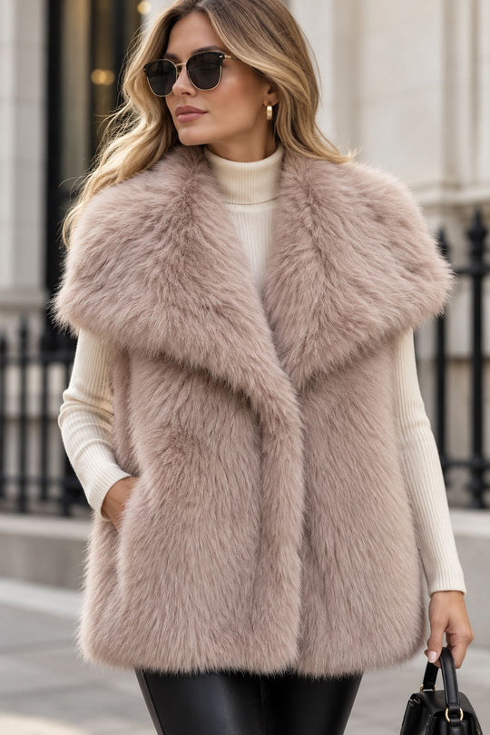 Damen Ärmellose Luxus‑Faux‑Fur‑Weste mit extraweichem Langflor und übergroßem Schalkragen Nord Taschen