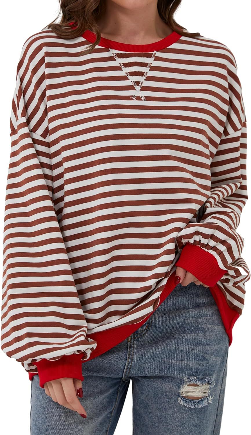 Damen lässiger Oversized Sweatshirt mit bunten Streifen und Kapuzenkordel