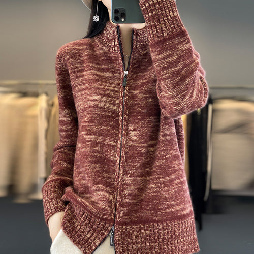 Damen Reißverschluss‑Strickjacke mit melierter Struktur und Stehkragen Nord Taschen