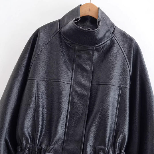 Damen Oversized Jacke in Lederoptik mit Stehkragen und Taillenkordel Nord Taschen