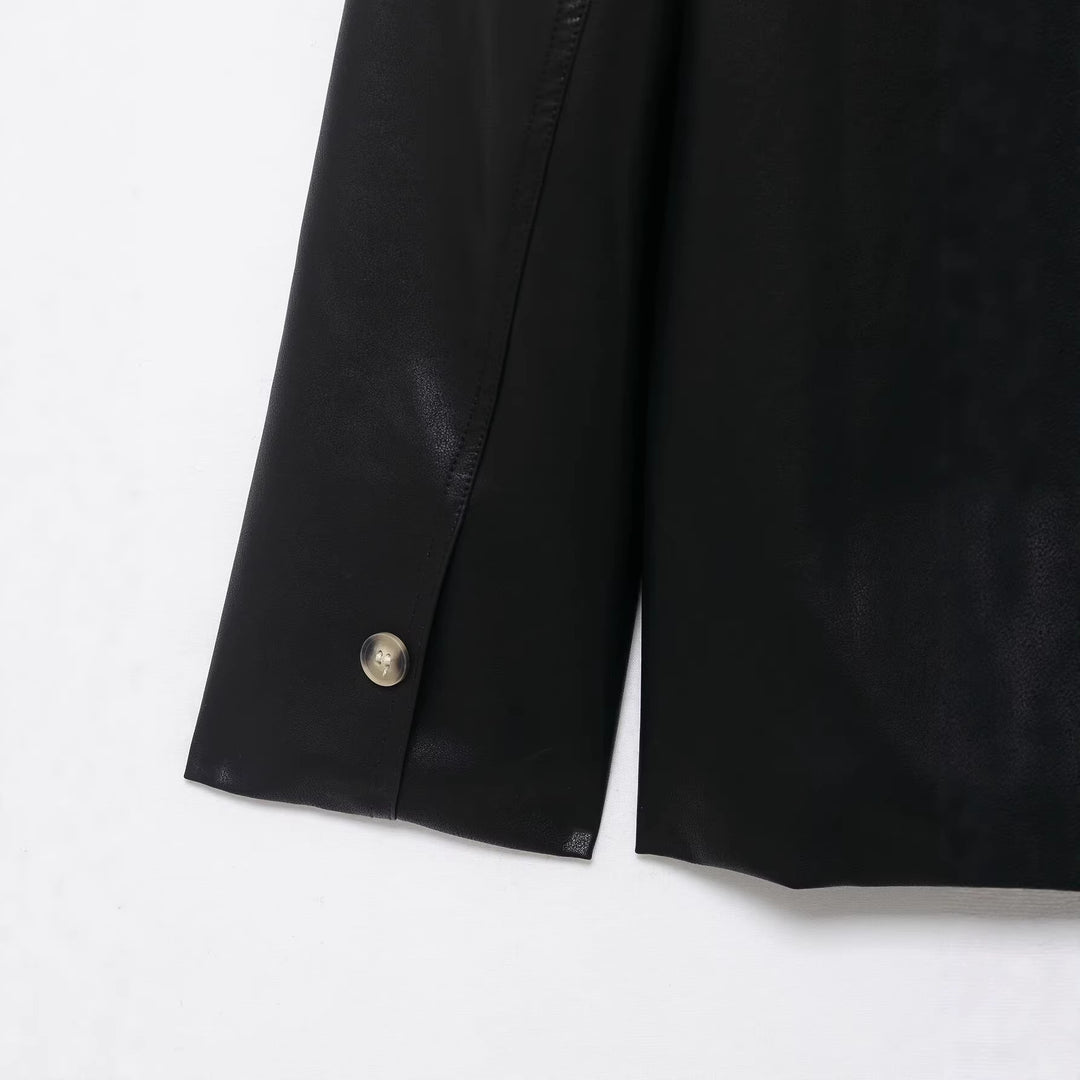 Damen A-Linien Mantel in veganer Glattlederoptik mit Hemdkragen und durchgehender Knopfleiste Nord Taschen