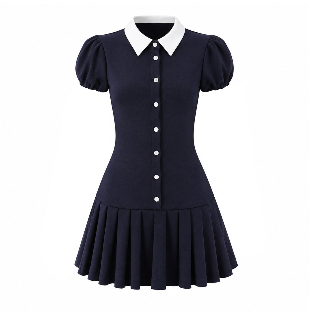 Damen Figurbetontes Hemdblusenkleid mit Puffärmeln und plissiertem Faltenrock Nord Taschen