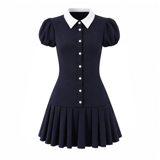 Damen Figurbetontes Hemdblusenkleid mit Puffärmeln und plissiertem Faltenrock Nord Taschen