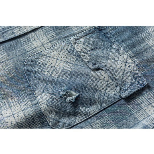 Herren Lockeres Karo-Hemd im Vintage-Denim-Look mit aufgesetzter Brusttasche und Used-Details Nord Taschen