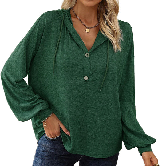 Damen lässiges Kapuzen-Longsleeve mit V‑Ausschnitt, Knopfleiste und gerafften Manschetten Nord Taschen