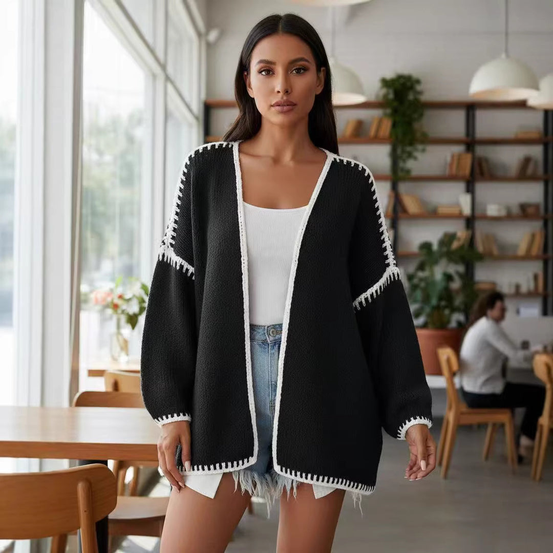 Damen Oversize-Strickjacke mit kontrastierender Häkelkante und überschnittener Schulter Nord Taschen