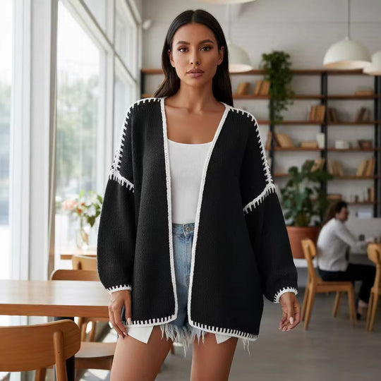 Damen Oversize-Strickjacke mit kontrastierender Häkelkante und überschnittener Schulter Nord Taschen