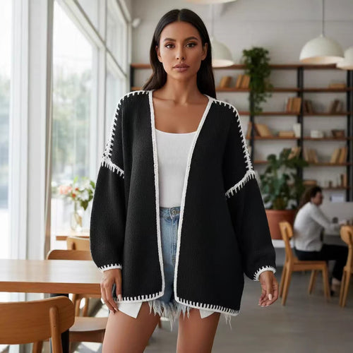 Damen Oversize-Strickjacke mit kontrastierender Häkelkante und überschnittener Schulter Nord Taschen