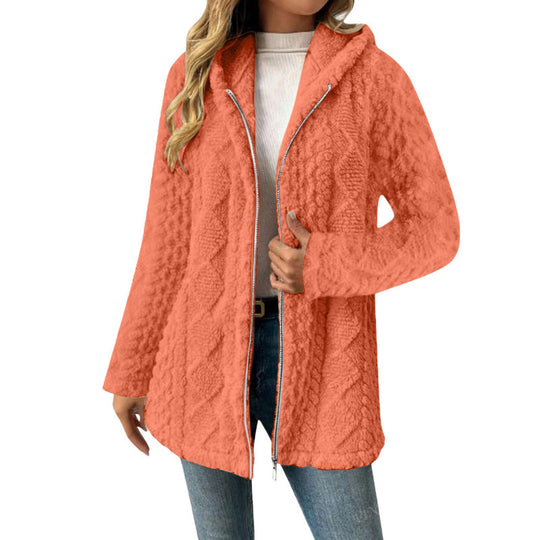 Damen Kapuzen-Sherpajacke mit Zopfmuster, mittellang und Zwei-Wege-Reißverschluss Nord Taschen