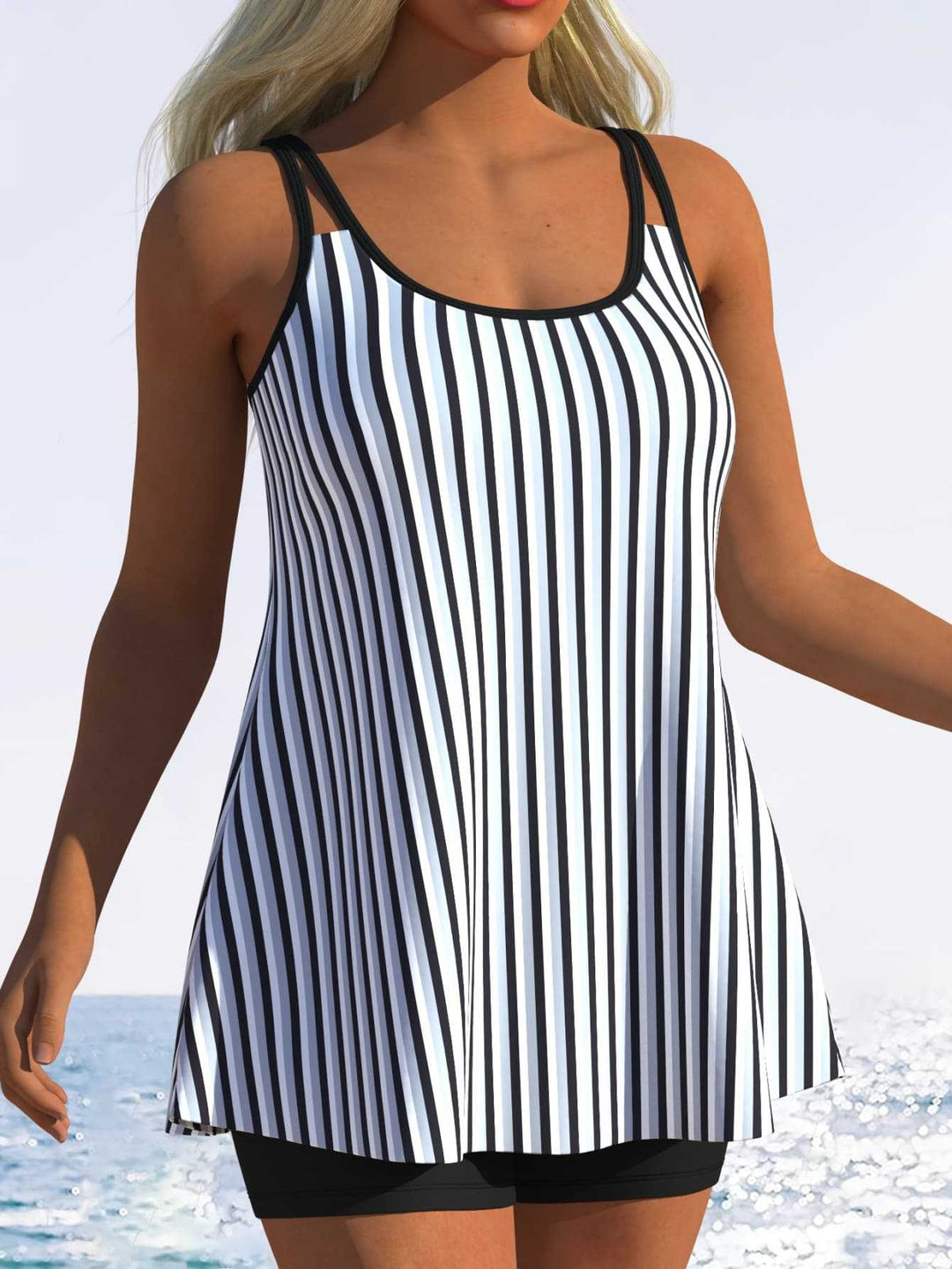 Damen Tankini mit verspieltem Streifenmuster und originellem Schnitt