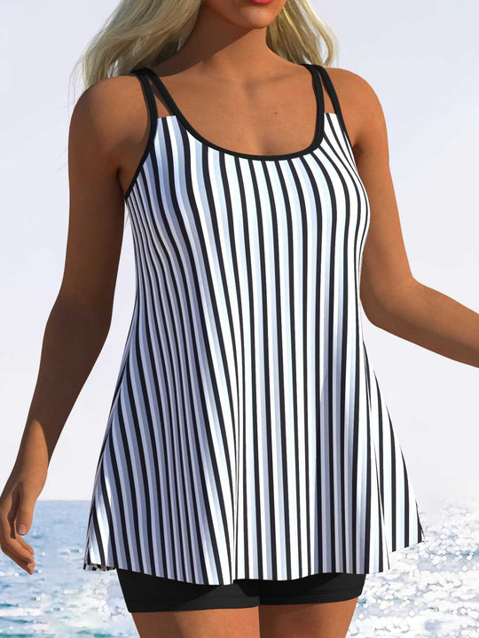 Damen Tankini mit verspieltem Streifenmuster und originellem Schnitt