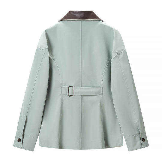 Damen Kurze Lederoptik-Blousonjacke mit Kontrastkragen und Reißverschluss Nord Taschen
