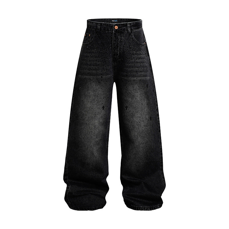 Damen Weite hochgeschnittene Baggy-Jeans mit Used-Wash und Steppdetail Nord Taschen