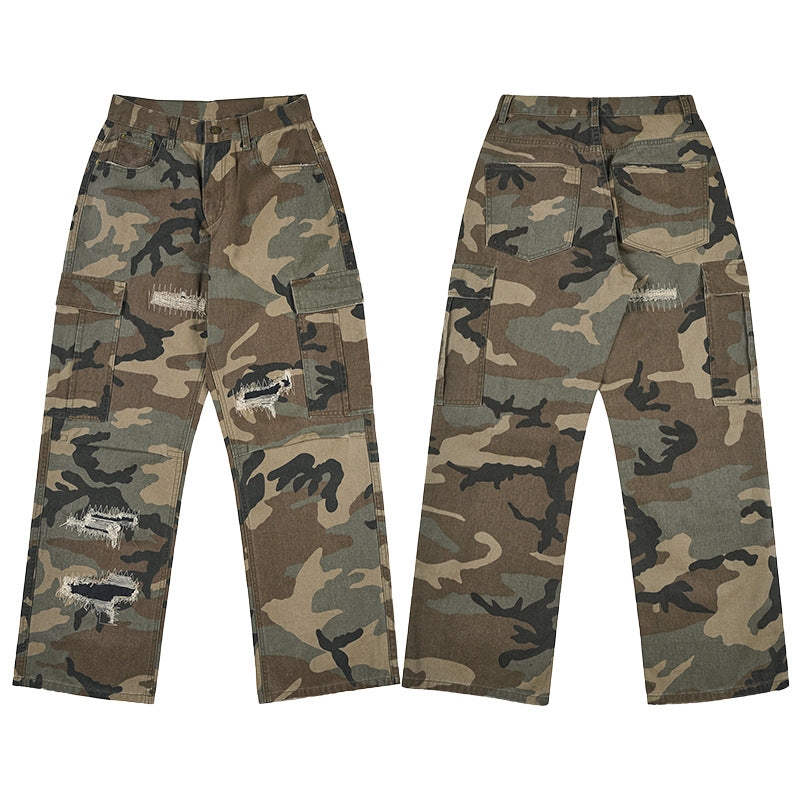 Herren weite Cargo-Hose im Camouflage-Look mit bewusst aufgerissenen Details und großen Pattentaschen Nord Taschen