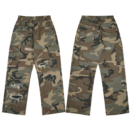 Herren weite Cargo-Hose im Camouflage-Look mit bewusst aufgerissenen Details und großen Pattentaschen Nord Taschen